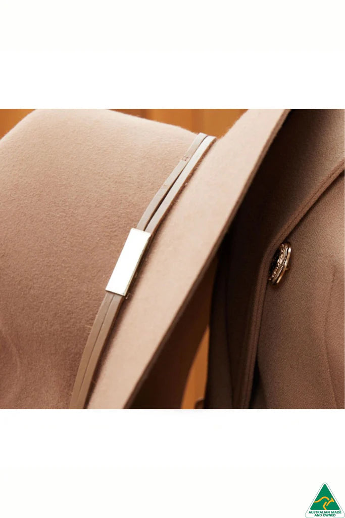 Thorburn Wool Felt Fedora in chocolate with cut-edge brim, camel leather band with metal trim, 9.5cm crown, and ComfyFit adjustable band.
