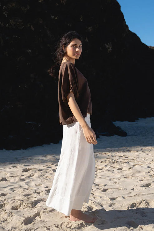 Tina Linen Top in Chocolate – A chic, lightweight linen top in a rich chocolate brown hue. Features a relaxed fit, short sleeves, and a button-down front for effortless styling. Perfect for layering or wearing on its own.