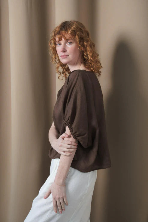 Tina Linen Top in Chocolate – A chic, lightweight linen top in a rich chocolate brown hue. Features a relaxed fit, short sleeves, and a button-down front for effortless styling. Perfect for layering or wearing on its own.