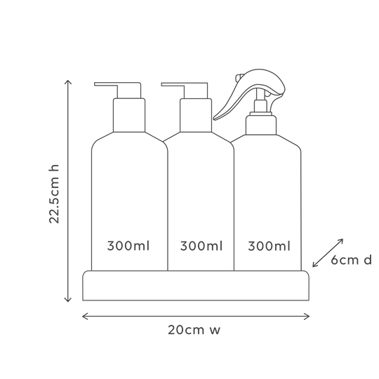 The Alive Kitchen Trio Set, featuring Dishwashing Liquid and Bench Spray in Lemon & Pomegranate scent, and Hand Wash in Watermelon & Lime scent, all neatly arranged in a sleek, custom tray. The white bottles with vibrant, fresh-colored labels are displayed on a clean countertop, exuding a refreshing and vibrant aesthetic with fruity, citrus-inspired fragrances.