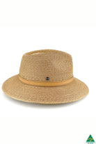Tully Raffia Fedora in caramel with tan leather band, 7cm brim, 9cm crown, ComfyFit adjustable band, and UPF50+ sun protection.
