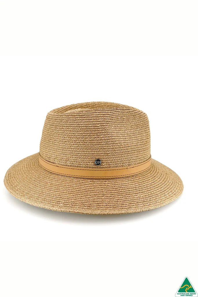 Tully Raffia Fedora in caramel with tan leather band, 7cm brim, 9cm crown, ComfyFit adjustable band, and UPF50+ sun protection.
