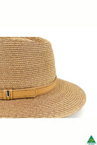 Tully Raffia Fedora in caramel with tan leather band, 7cm brim, 9cm crown, ComfyFit adjustable band, and UPF50+ sun protection.
