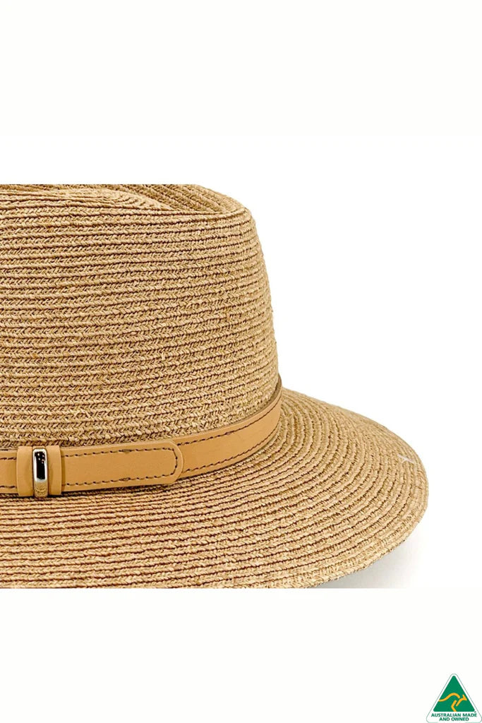 Tully Raffia Fedora in caramel with tan leather band, 7cm brim, 9cm crown, ComfyFit adjustable band, and UPF50+ sun protection.
