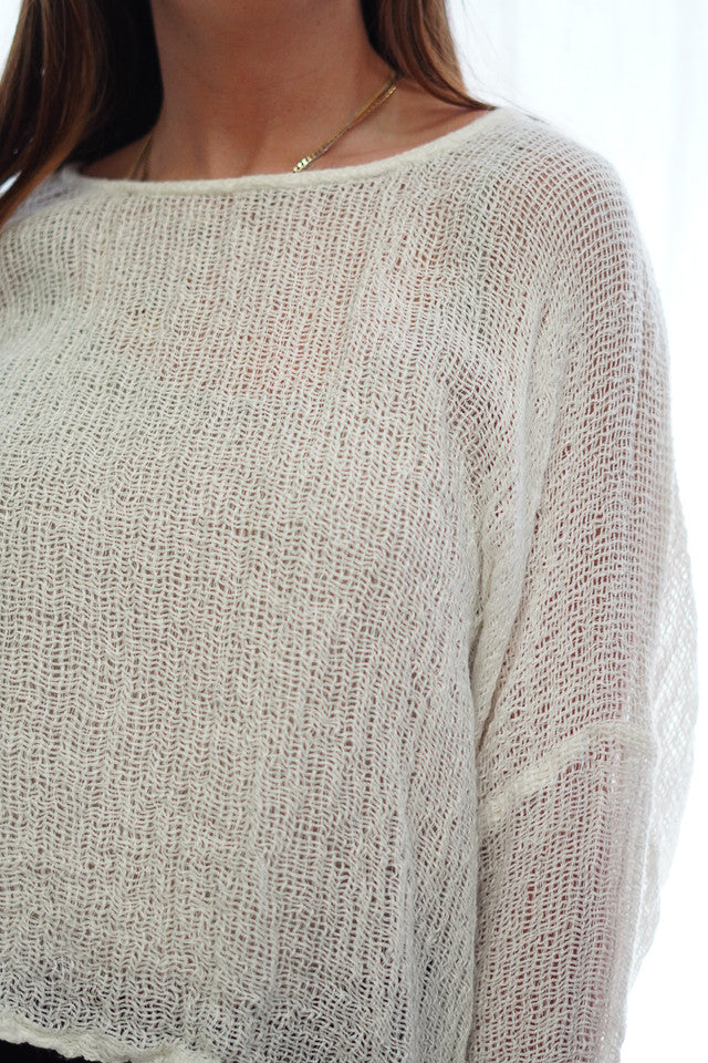Rustic linen Valentina top in white mesh with a relaxed fit and soft, breathable neutral fabric.