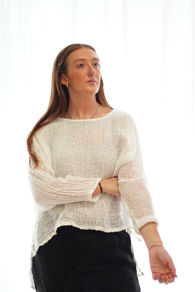 Rustic linen Valentina top in white mesh with a relaxed fit and soft, breathable neutral fabric.