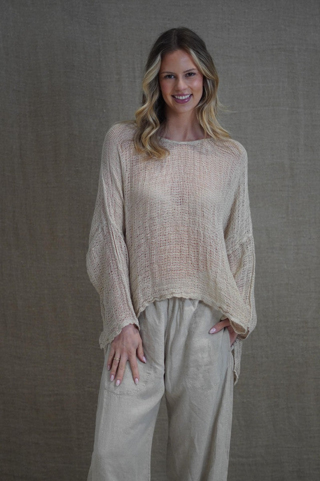 Rustic linen Valentina top in brown with a relaxed fit and soft, breathable neutral fabric.