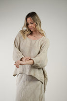 Rustic linen Valentina top in natural combo with a relaxed fit and soft, breathable neutral fabric.
