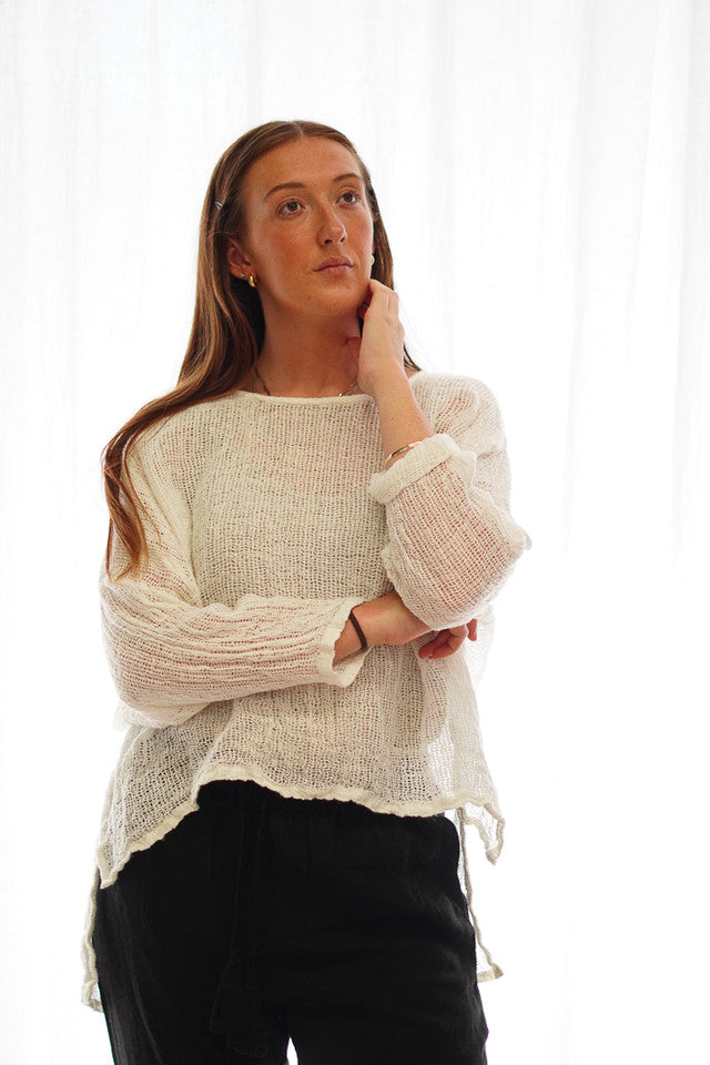 Rustic linen Valentina top in white mesh with a relaxed fit and soft, breathable neutral fabric.
