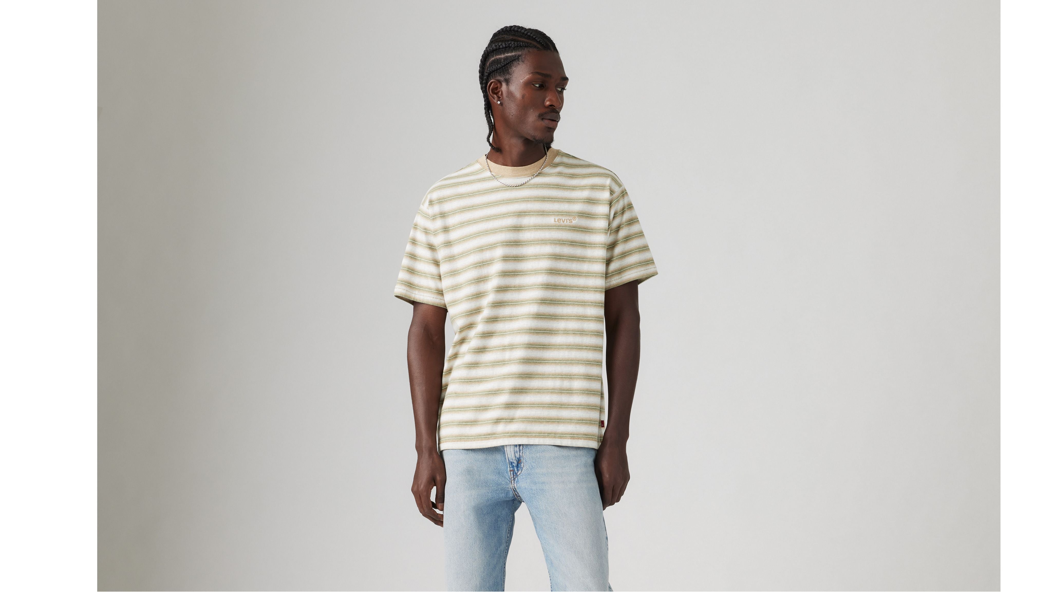 Levi's Men's Vintage T-Shirt in sand and green stripes, featuring a relaxed fit, crew neck, and short sleeves. Made from premium heavyweight jersey for a soft, durable feel, with a subtle logo for a clean look.