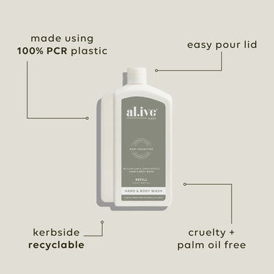 al.ive Willow Gum & Lemon Myrtle Wash Refill 1L bottle with controlled-flow spout.