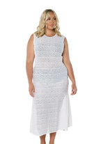 White Maxi Mesh Dress – sleeveless, form-fitting longline beach cover-up with a high neckline, perfect for layering over swimwear by the beach or pool.