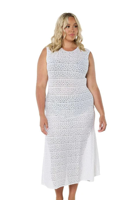 White Maxi Mesh Dress – sleeveless, form-fitting longline beach cover-up with a high neckline, perfect for layering over swimwear by the beach or pool.