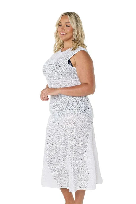 White Maxi Mesh Dress – sleeveless, form-fitting longline beach cover-up with a high neckline, perfect for layering over swimwear by the beach or pool.