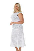 White Maxi Mesh Dress – sleeveless, form-fitting longline beach cover-up with a high neckline, perfect for layering over swimwear by the beach or pool.