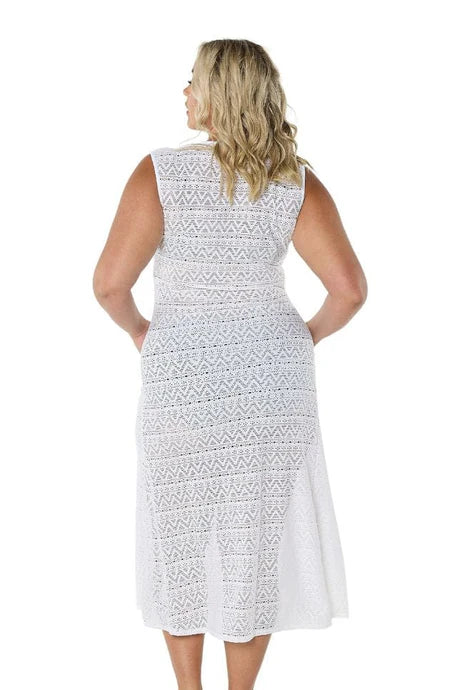 White Maxi Mesh Dress – sleeveless, form-fitting longline beach cover-up with a high neckline, perfect for layering over swimwear by the beach or pool.