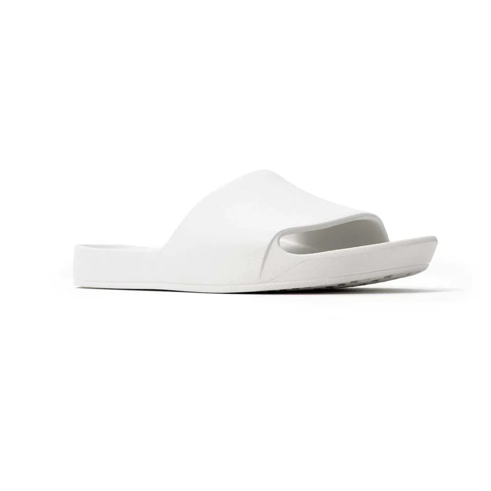 A pair of white arch support slides with contoured footbeds and wide straps, designed for comfort and all-day wear.