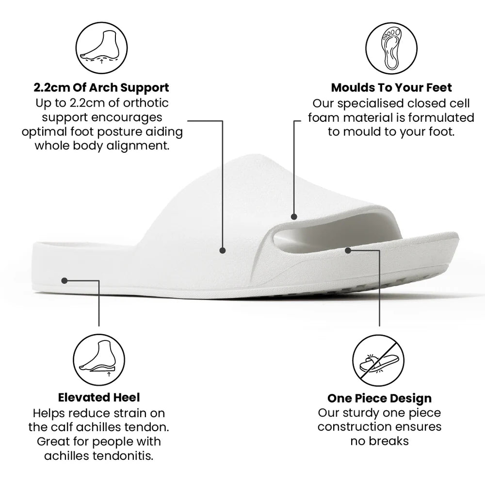 A pair of white arch support slides with contoured footbeds and wide straps, designed for comfort and all-day wear.