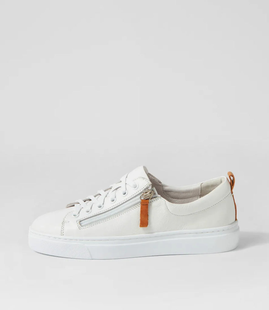 The Olane White Tan Leather Sneakers by Mollini are currently available at Rawspice Boutique.