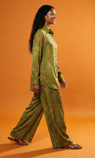 Women's Verdant Wide-Leg Pants in fluid satin crepe, featuring a soft comfortable waist, elegant wide-leg silhouette and flowing Verdant print.