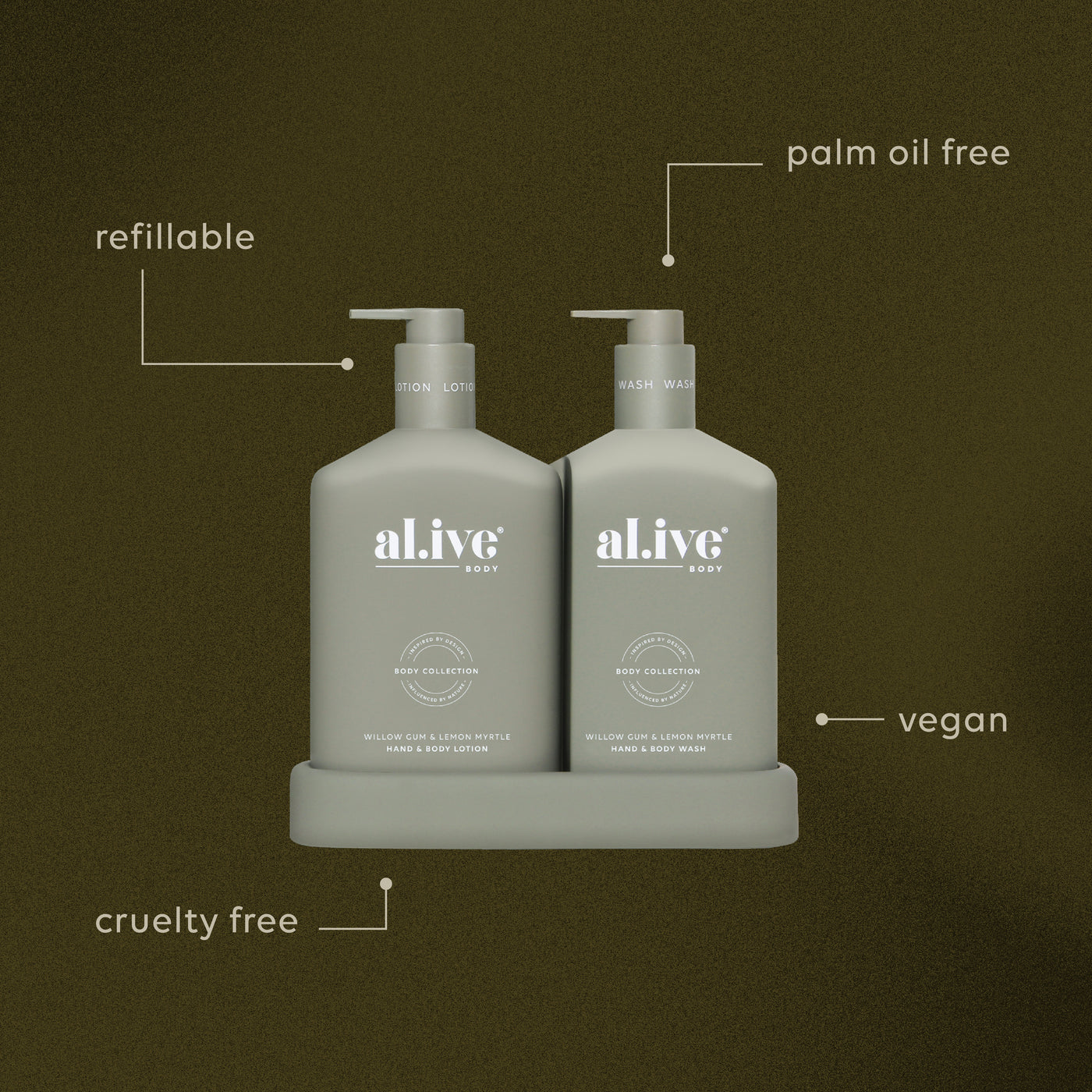 Al.ive Willow Gum & Lemon Myrtle Hand & Body Wash and Lotion duo in muted olive bottles with matching tray