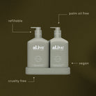 Al.ive Willow Gum & Lemon Myrtle Hand & Body Wash and Lotion duo in muted olive bottles with matching tray