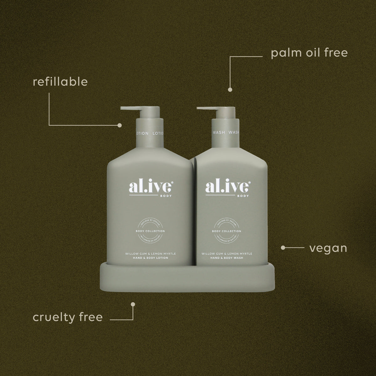 Al.ive Willow Gum & Lemon Myrtle Hand & Body Wash and Lotion duo in muted olive bottles with matching tray