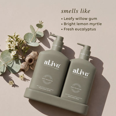 Al.ive Willow Gum & Lemon Myrtle Hand & Body Wash and Lotion duo in muted olive bottles with matching tray
