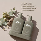 Al.ive Willow Gum & Lemon Myrtle Hand & Body Wash and Lotion duo in muted olive bottles with matching tray