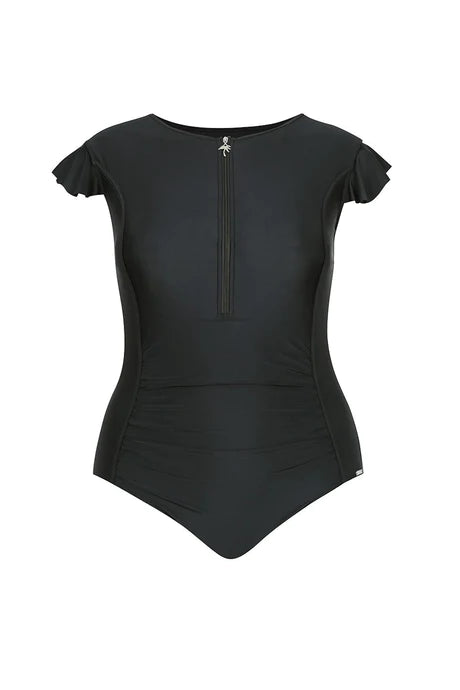 Black Frill Sleeve One Piece by Capriosca is available at Rawspice Boutique.