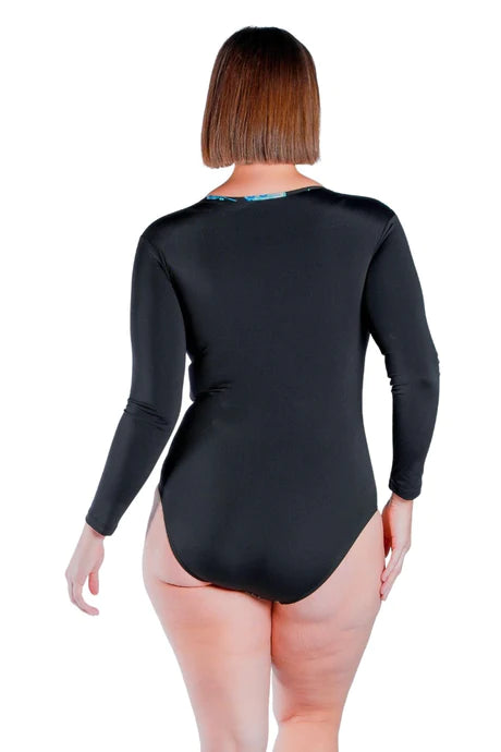 Capriosca Chlorine Resistant Long Sleeve Zip One Piece Swimsuit - Black