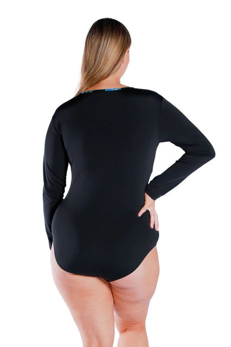 Corsica Turquoise Chlorine Resistant Long Sleeve One Piece by Capriosca is available at Rawspice Boutique.