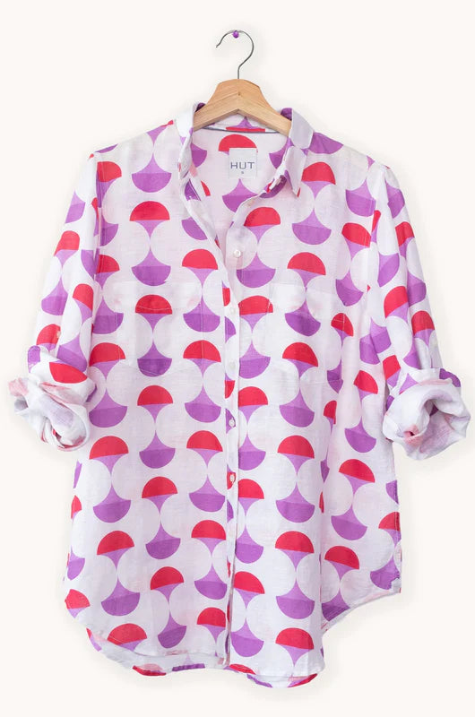 Pink Retro Print Boyfriend Linen Shirt by Hut is available at Rawspice Boutique.