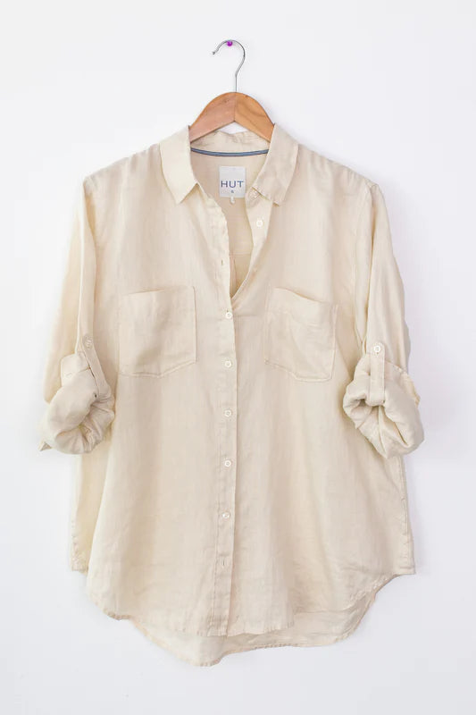 Birch Boyfriend Linen Shirt by Hut is available at Rawspice Boutique. 