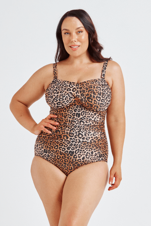 Leopard Twist Bandeau One Piece by Capriosca swimwear currently available from Rawspice Boutique.