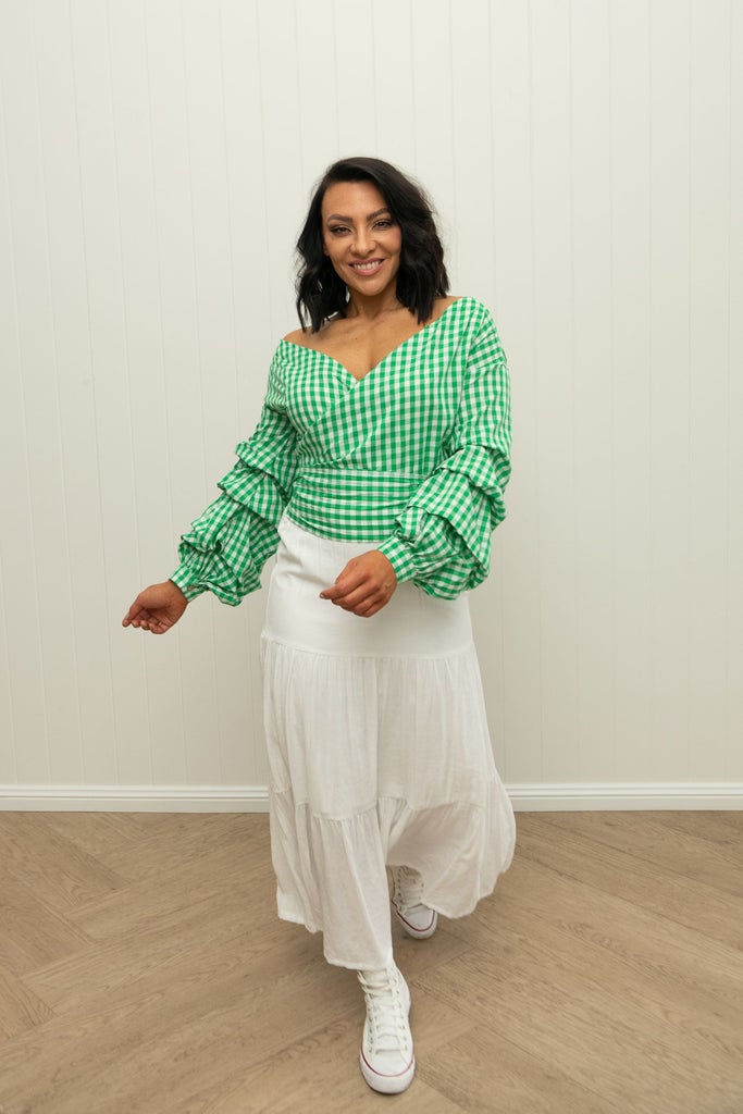 Penny Wrap Top - Apple Gingham by The Eighth Letter available at Rawspice Boutique.