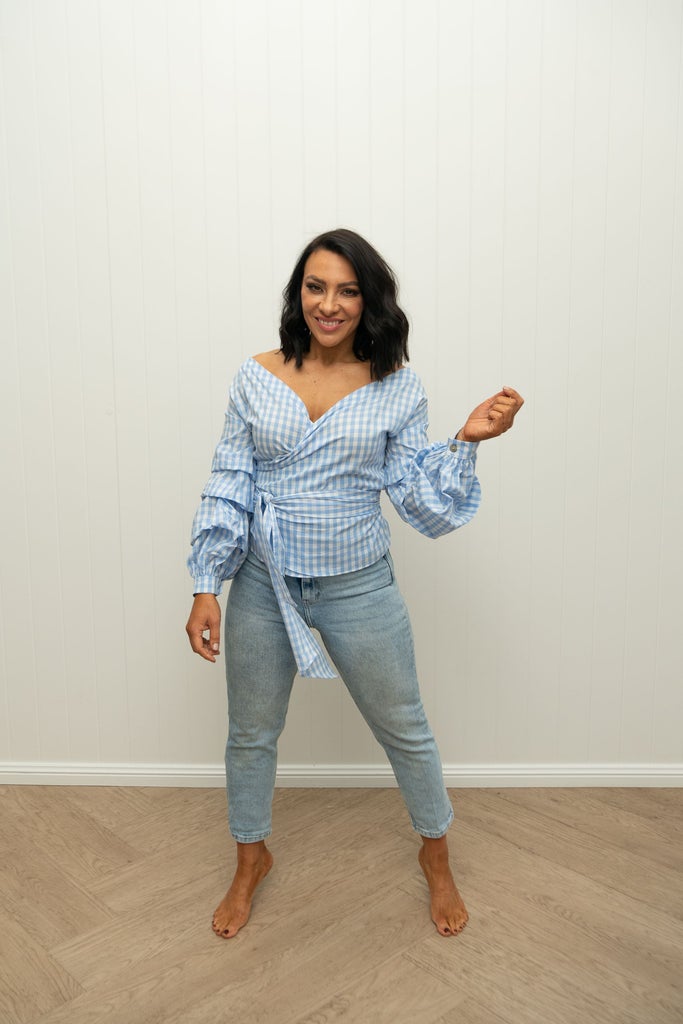 Penny Wrap Top - Bondi Blue Gingham by The Eighth Letter available at Rawspice Boutique