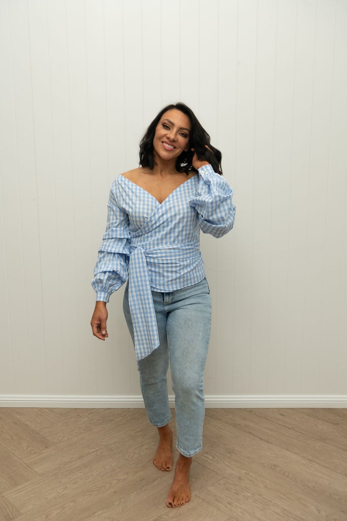 Penny Wrap Top - Bondi Blue Gingham by The Eighth Letter available at Rawspice Boutique