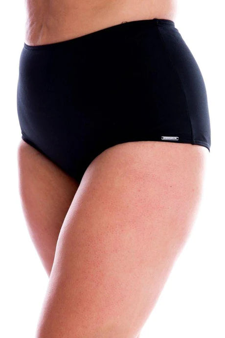 Chlorine Resistant Plain Black High Waisted Bikini Bottoms by Capriosca is available at Rawspice Boutique. 