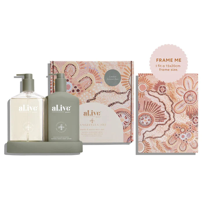 Cungelella Art Wash & Lotion Duo + Art Print - Wattle & Native Moss by al.ive Body is available at Rawspice Boutique. 