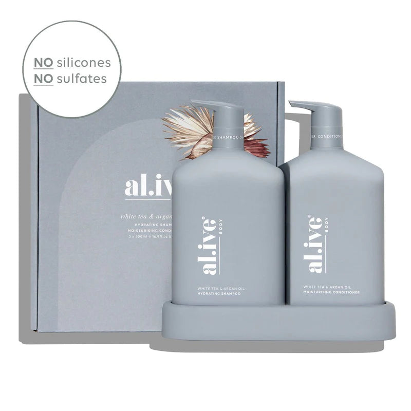 Shampoo + Conditioner Duo + Tray - White Tea & Argan Oil by al.ive Body is available at Rawspice Boutique.