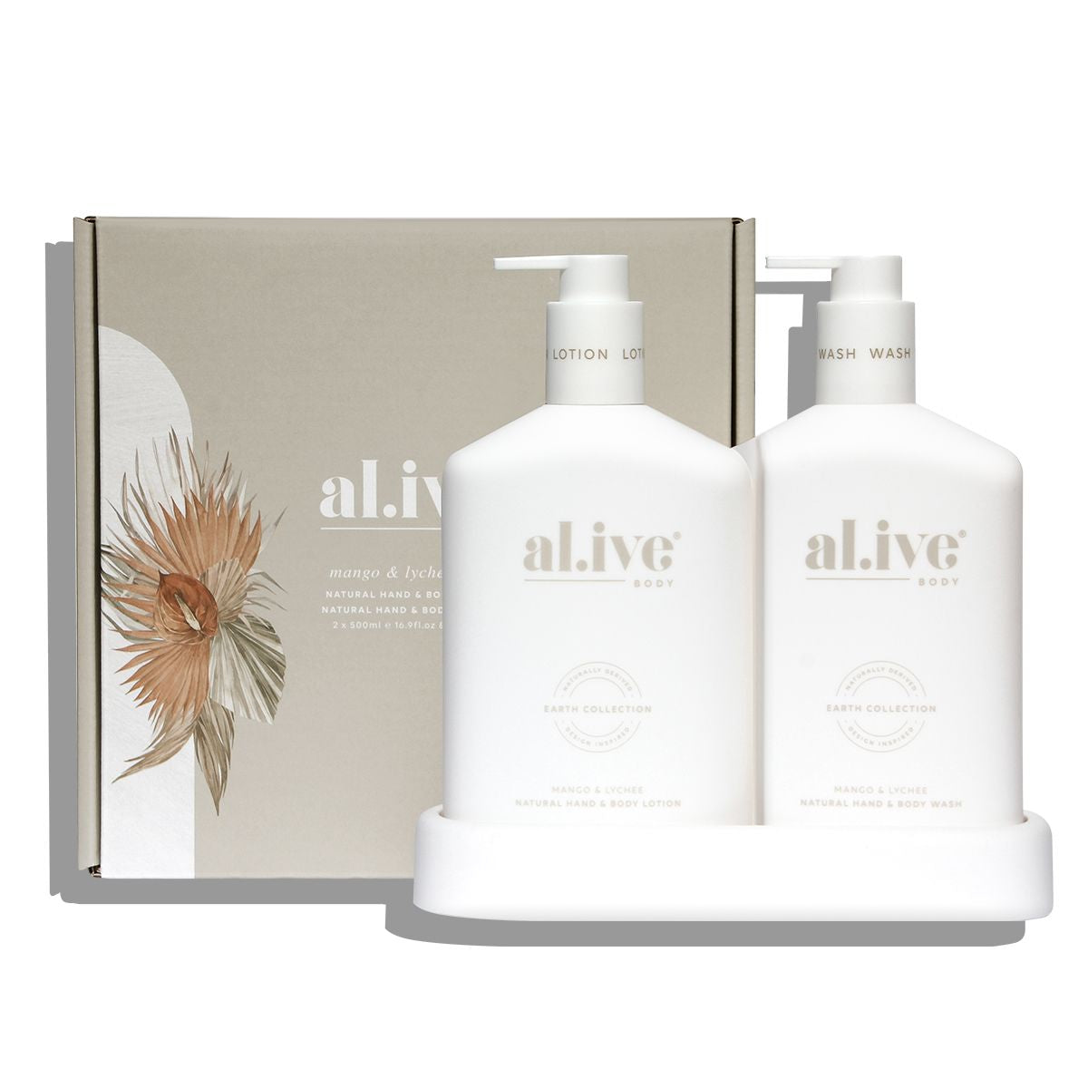 A display of Hand Wash and Hand Lotion Set + Tray - Mango & Lychee by Al.ive Body with packaging