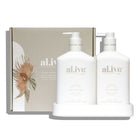 A display of Hand Wash and Hand Lotion Set + Tray - Mango & Lychee by Al.ive Body with packaging